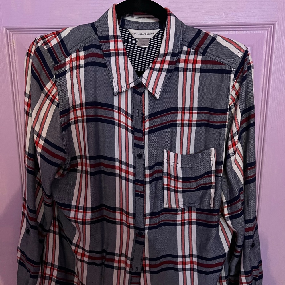 Christopher & Banks Plaid Button-Down Shirt in Gray, Red & Navy